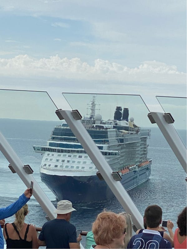 Celebrity Equinox celebrating final leg of US return to sailing w/ cannons, horns, & escort home.  - Celebrity Edge