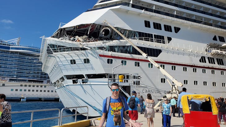 #ShipHappens Ugh missed a port and now we have a giant hole in the aide of our ship. If you where booked for this cruise better make other plans lol - Carnival Glory