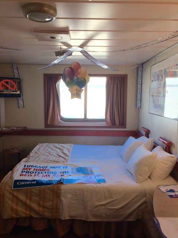 Port Canaveral, Florida - Our ocean view stateroom with birthday decorations