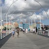 Walking across the pontoon bridge