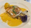 Halibut with Yellow bell pepper coulis, charred cauliflower, vegetablr couscous