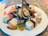 Seafood day: mussels, sushi, sashimi, scallop