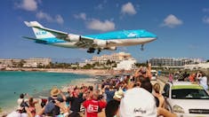 Plane landing at Maho Beach on St. Maarten. 