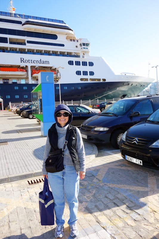 Cadiz (Seville), Spain - My wife  in front of our ship, ms Rotterdam, in Cadiz, Spain. 