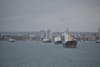 Mooring at Panama City port, ships lined up to go through Canal.