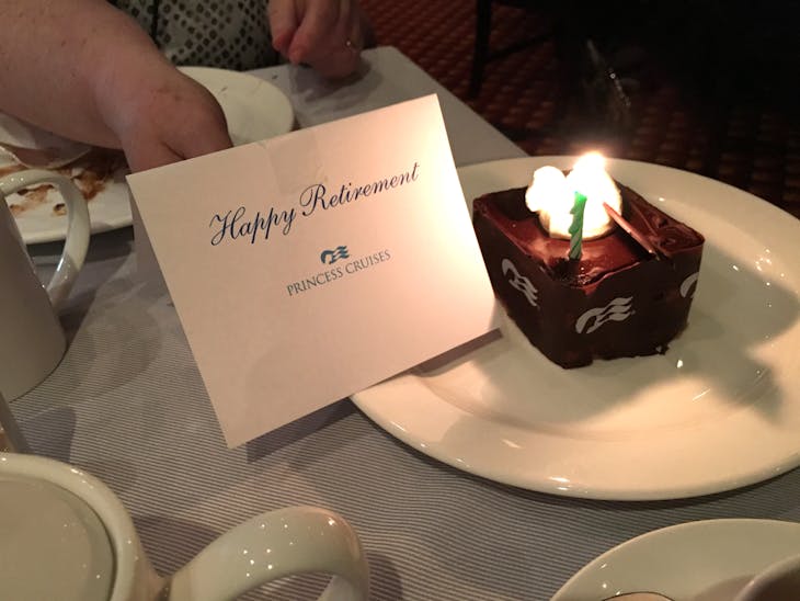 A nice surprise from Princess: a dessert congratulating us on our retirements. - Crown Princess