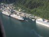 view from plane of cruise ships in Juneau