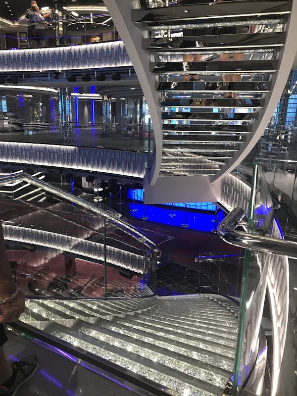 Beautiful staircase with crystals and lights inside. Makes them look so elegant. - MSC Seaside