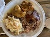 Belizean lunch-rice and brand, chicken, slaw, and plantains 