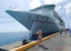 On the pier. Big ship in the background showing!