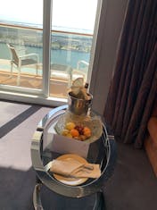 Treats waiting for us when we boarded. Champagne, fruit basket.