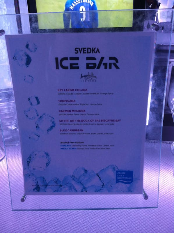 Menu at Ice Bar - Norwegian Getaway