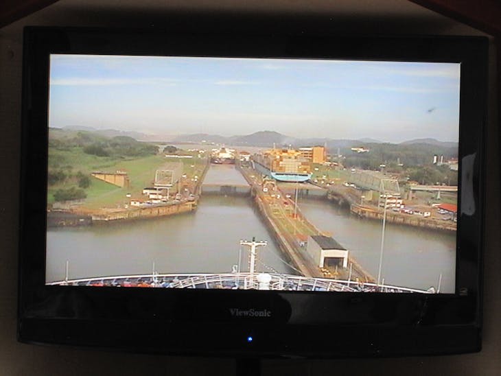 Panama Canal Transit - Entering the Miraflores Locks as seen on the TV in cabin.